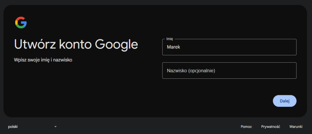 Ekran tworzenia konta Gmail